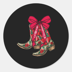 Sticker Rond Joyeux Noël Noël Noël Bottes Cowboy Coquette Bow P