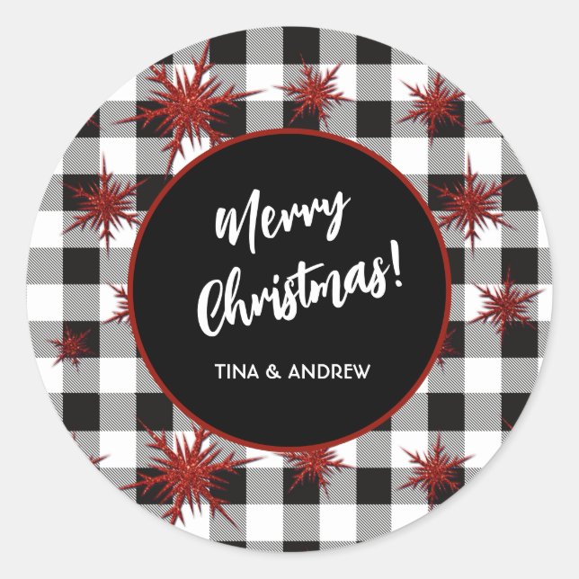 Sticker Rond Joyeux Noël noir blanc Buffalo Check (Devant)