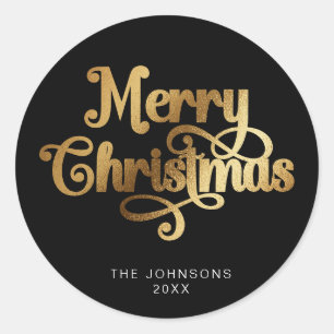 Sticker Rond Joyeux Noël noir et or Retro Script personnalisé