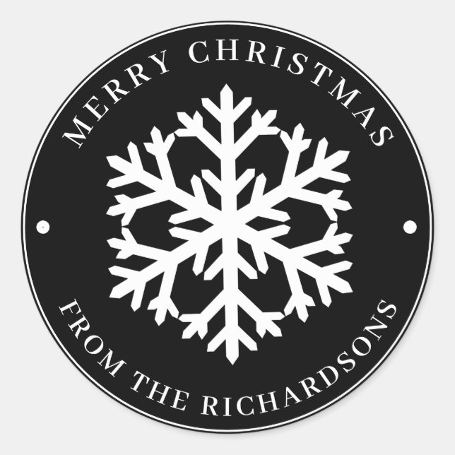 Sticker Rond Joyeux Noël noir rond blanc flocon de neige (Devant)