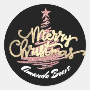 Sticker Rond Joyeux Noël Nom du script Gold Rose Blanc