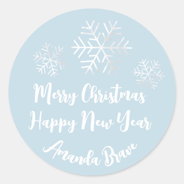 Sticker Rond Joyeux Noël Nom du script Snowflakes Grey Blue (Devant)