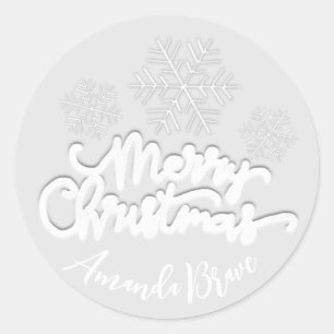 Sticker Rond Joyeux Noël Nom du script Snowflakes White Grey