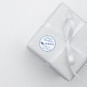 Sticker Rond Joyeux Noël Nom Grey Sleigh Père Noël Deer White