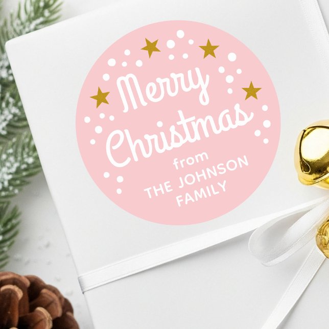 Sticker Rond Joyeux Noël Nom personnalisé Simple Rose (Créateur téléchargé)