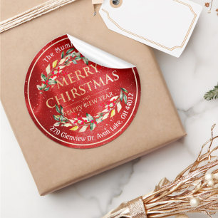 Sticker Rond Joyeux Noël Nouvel An Floral Red Berry Adresse