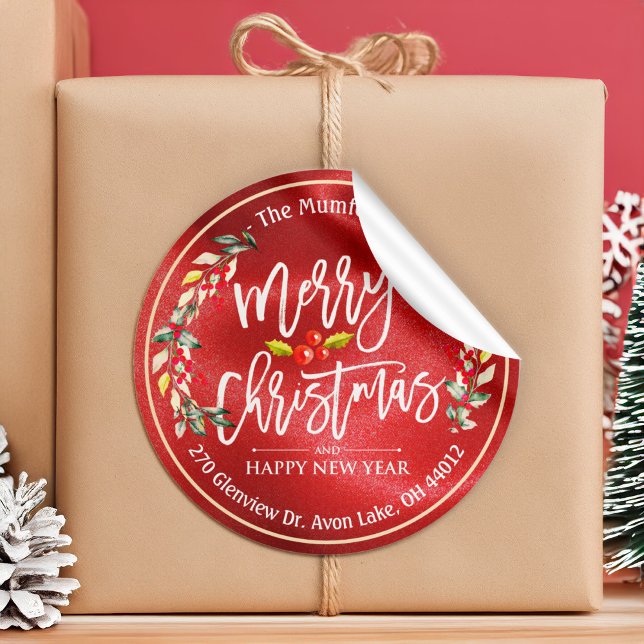 Sticker Rond Joyeux Noël Nouvel An Floral Red Berry Adresse (Créateur téléchargé)