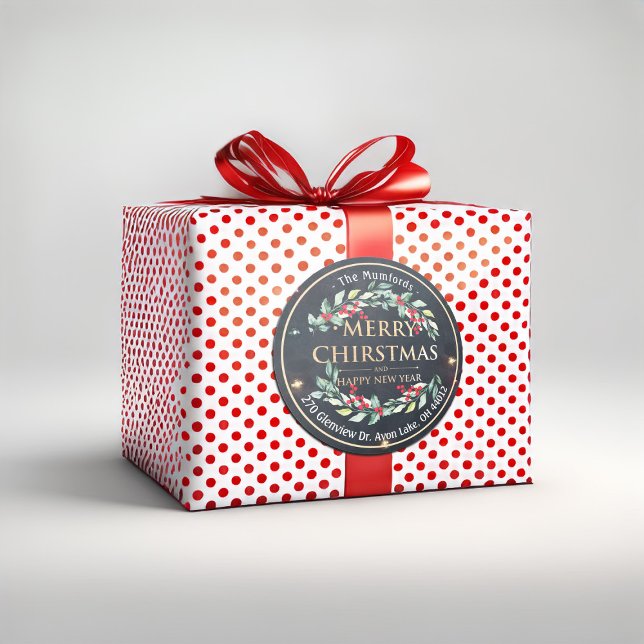 Sticker Rond Joyeux Noël Nouvel An Floral Red Berry Adresse (Créateur téléchargé)