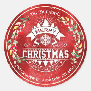Sticker Rond Joyeux Noël Nouvel An Floral Red Berry Adresse