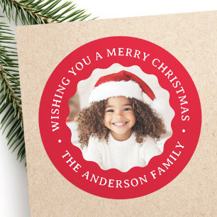 Sticker Rond Joyeux Noël ondulé frontière rouge photo