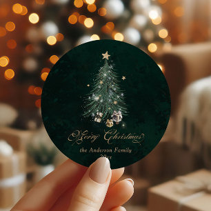 Sticker Rond Joyeux Noël Or Élégant Vert 
