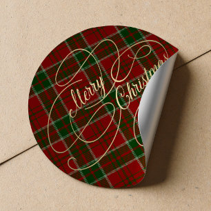 Sticker Rond Joyeux Noël or script rouge vert plaid tartan