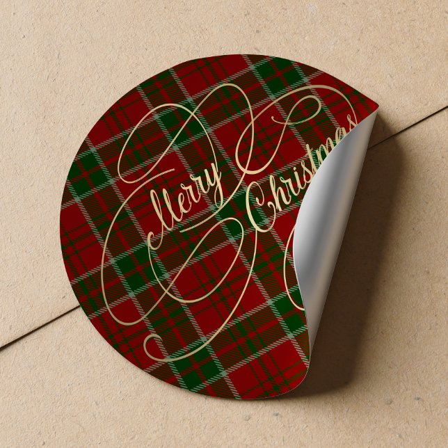 Sticker Rond Joyeux Noël or script rouge vert plaid tartan (Créateur téléchargé)
