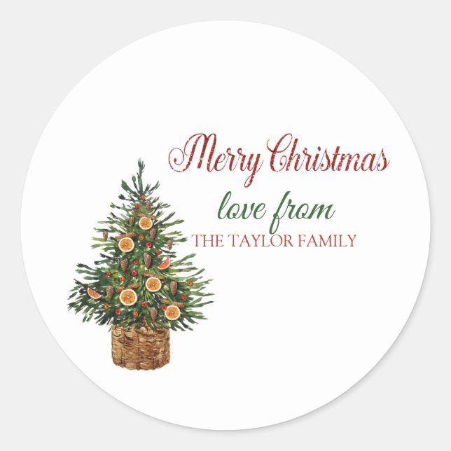 Sticker Rond Joyeux Noël, Orange de l'arbre de pin (Devant)