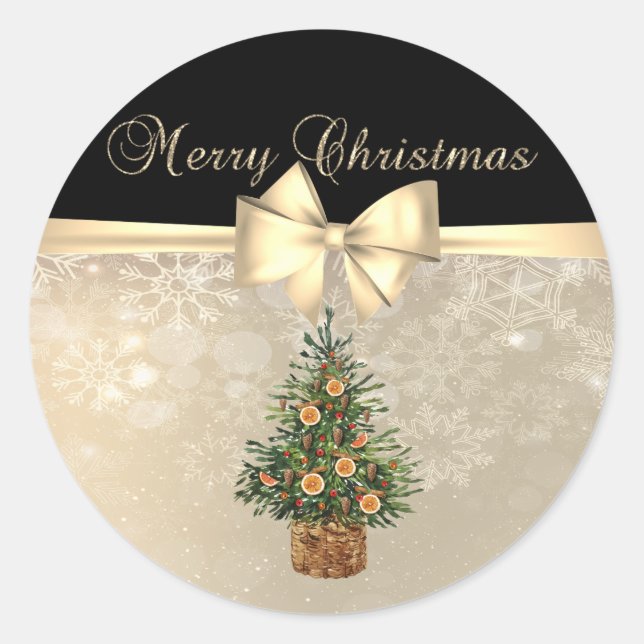 Sticker Rond Joyeux Noël, Oranger d'arbre de pin, Flocons de ne (Devant)