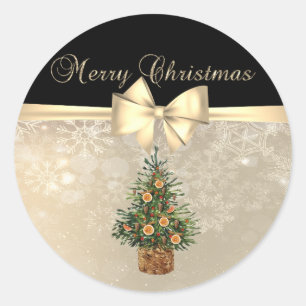 Sticker Rond Joyeux Noël, Oranger d'arbre de pin, Flocons de ne