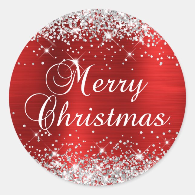 Sticker Rond Joyeux Noël pailleté argent et rouge (Devant)