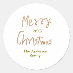 Sticker Rond Joyeux Noël pailleté or ajoutez nom de famille yea