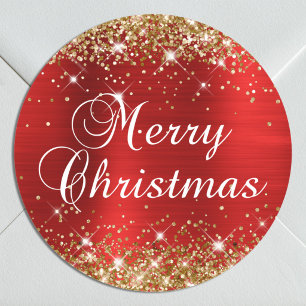 Sticker Rond Joyeux Noël pailleté or et rouge feuille d'alumini