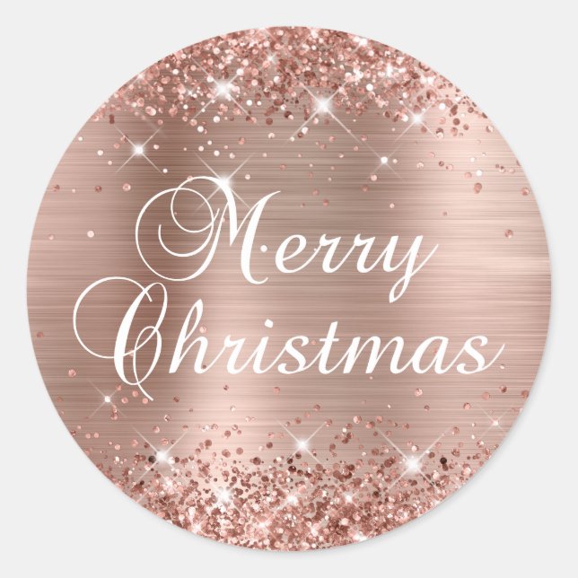 Sticker Rond Joyeux Noël pailleté or rose métallisé (Devant)