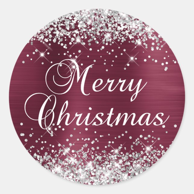 Sticker Rond Joyeux Noël paillettes argentées et feuille de bur (Devant)