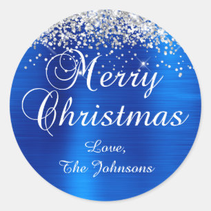Sticker Rond Joyeux Noël paillettes argentées feuille royale bl