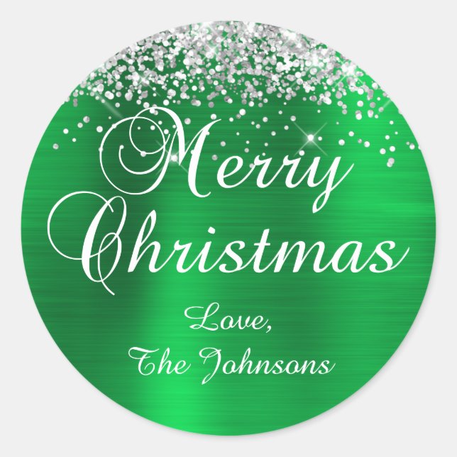 Sticker Rond Joyeux Noël paillettes argentées feuille verte (Devant)