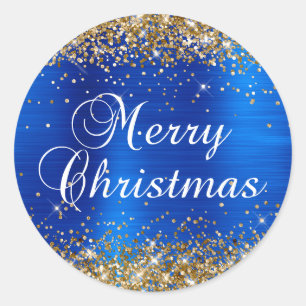 Sticker Rond Joyeux Noël paillettes or bleu roi papier métallis