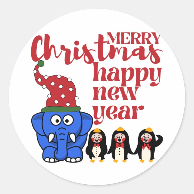 STICKER ROND JOYEUX NOËL PARTI PRÉSENTE, HEUREUSE NOUVELLE ANNÉ (Devant)