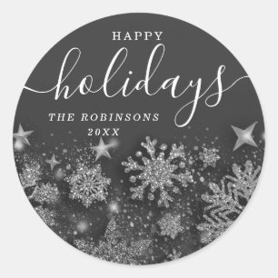 Sticker Rond Joyeux Noël Parties scintillant neige argent