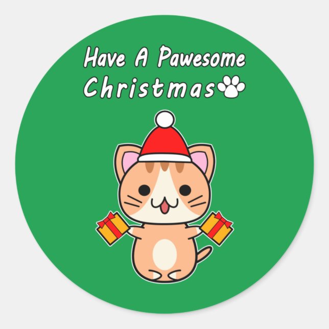 Sticker Rond Joyeux Noël Pawesome - Chat tigré roux (Devant)
