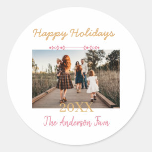 STICKER ROND JOYEUX NOËL PÊCHE 20XX NOM DE FAMILLE PHOTO PASTEL