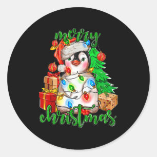 Sticker Rond Joyeux Noël Penguin Arbre Lumières Santa Hat Funn