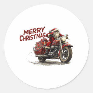 Sticker Rond Joyeux Noël Père Noël à moto vintage