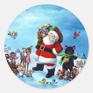 Sticker Rond Joyeux Noël Père Noël Avec Animaux