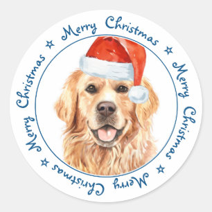 Sticker Rond Joyeux Noël Père Noël Chien Golden Retriever
