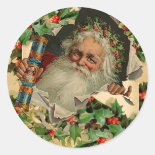 Sticker Rond Joyeux Noël Père Noël classique antique