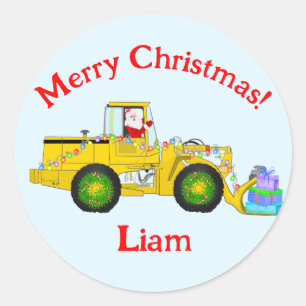 Sticker Rond Joyeux Noël Père Noël dans un bulldozer livrant un