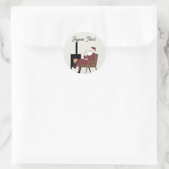 Sticker Rond Joyeux Noël Père Noël devant la Cheminée (Sac)