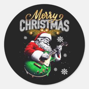 Sticker Rond Joyeux Noël Père Noël Rocker Guitare Joueur G