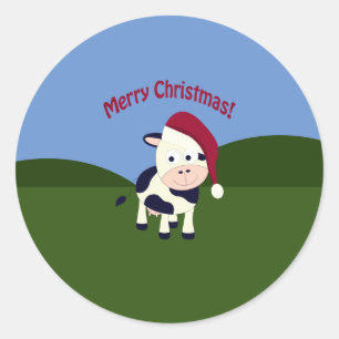 Sticker Rond Joyeux Noël Père Noël Vache