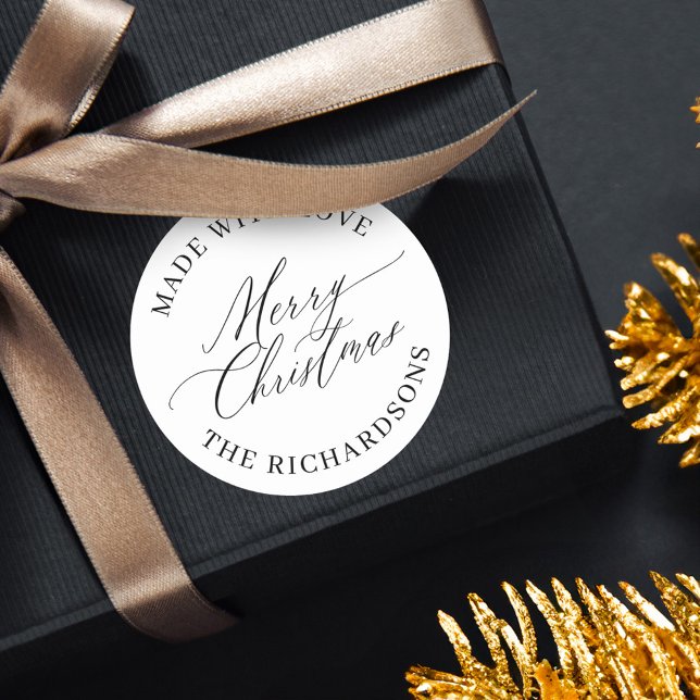 Sticker Rond Joyeux Noël Personnalisé Fabriqué Avec Amour Blanc (Personalized Merry Christmas Made With Love White Classic Round Sticker)