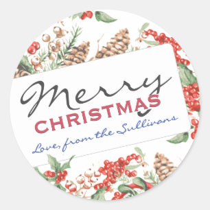 Sticker Rond Joyeux Noël personnalisé Holly et Pinecones