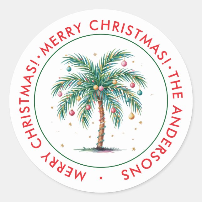 Sticker Rond Joyeux Noël personnalisé Palm Tree Light (Devant)