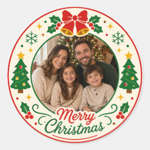 Sticker Rond Joyeux Noël personnalisé Photo de famille ronde