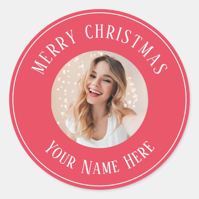 Sticker Rond Joyeux Noël personnalisé pour les cartes photo (Devant)