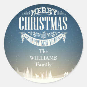 Sticker Rond Joyeux Noël personnalisé Scène hivernale enneigée