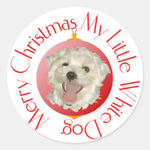 Sticker Rond Joyeux Noël Petit Chien Blanc