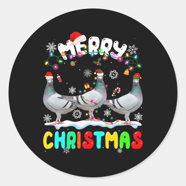 Sticker Rond Joyeux Noël Pigeon Lover Santa Hat Noël Lumières (Devant)