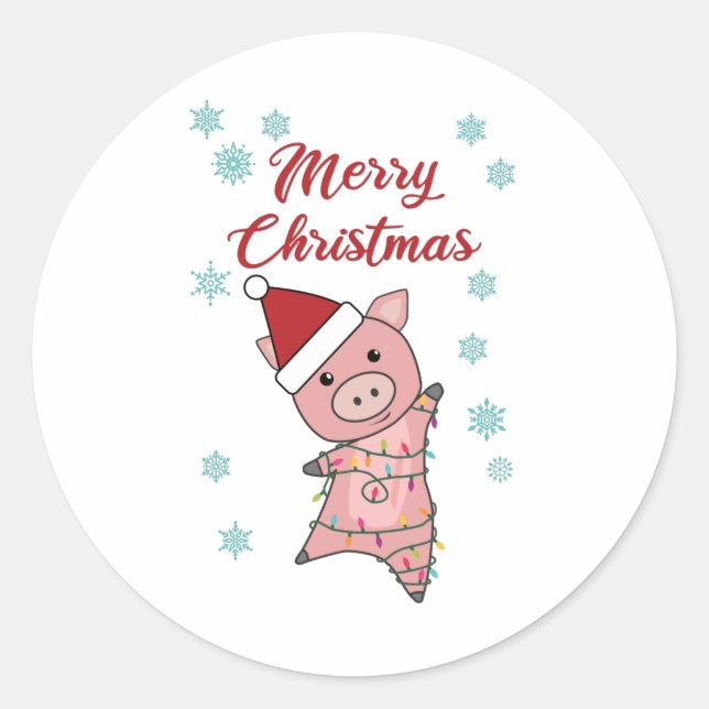 Sticker Rond Joyeux Noël Piglet Cochon Neige hiver (Devant)